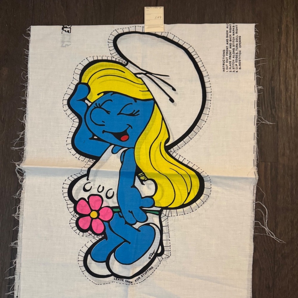Vintage 1982 Smurfette Cut & Sew Fabric Panel DIY Plush Doll Wallace Berrie RARE